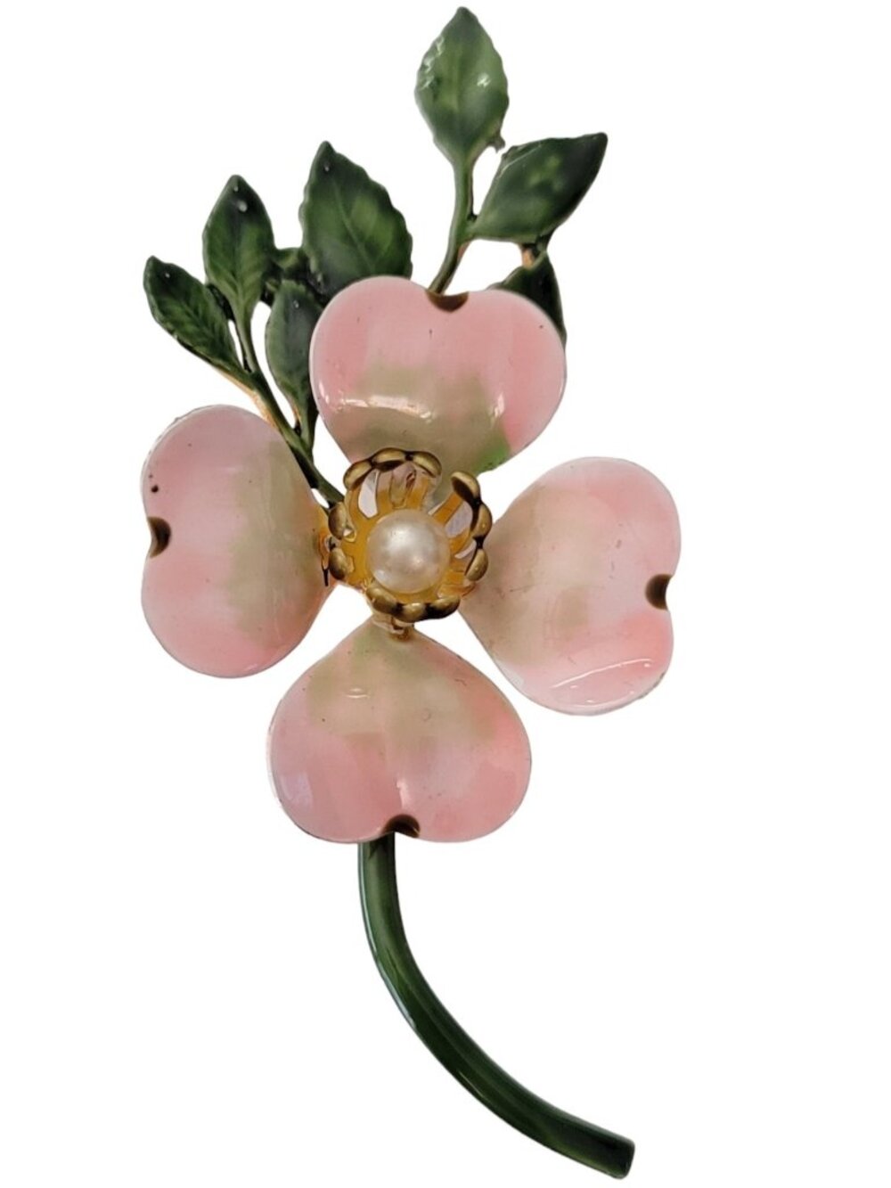 Original By Robert Pink Green Enamel Faux Pearl Dogwood Flower Stem Brooch, E239